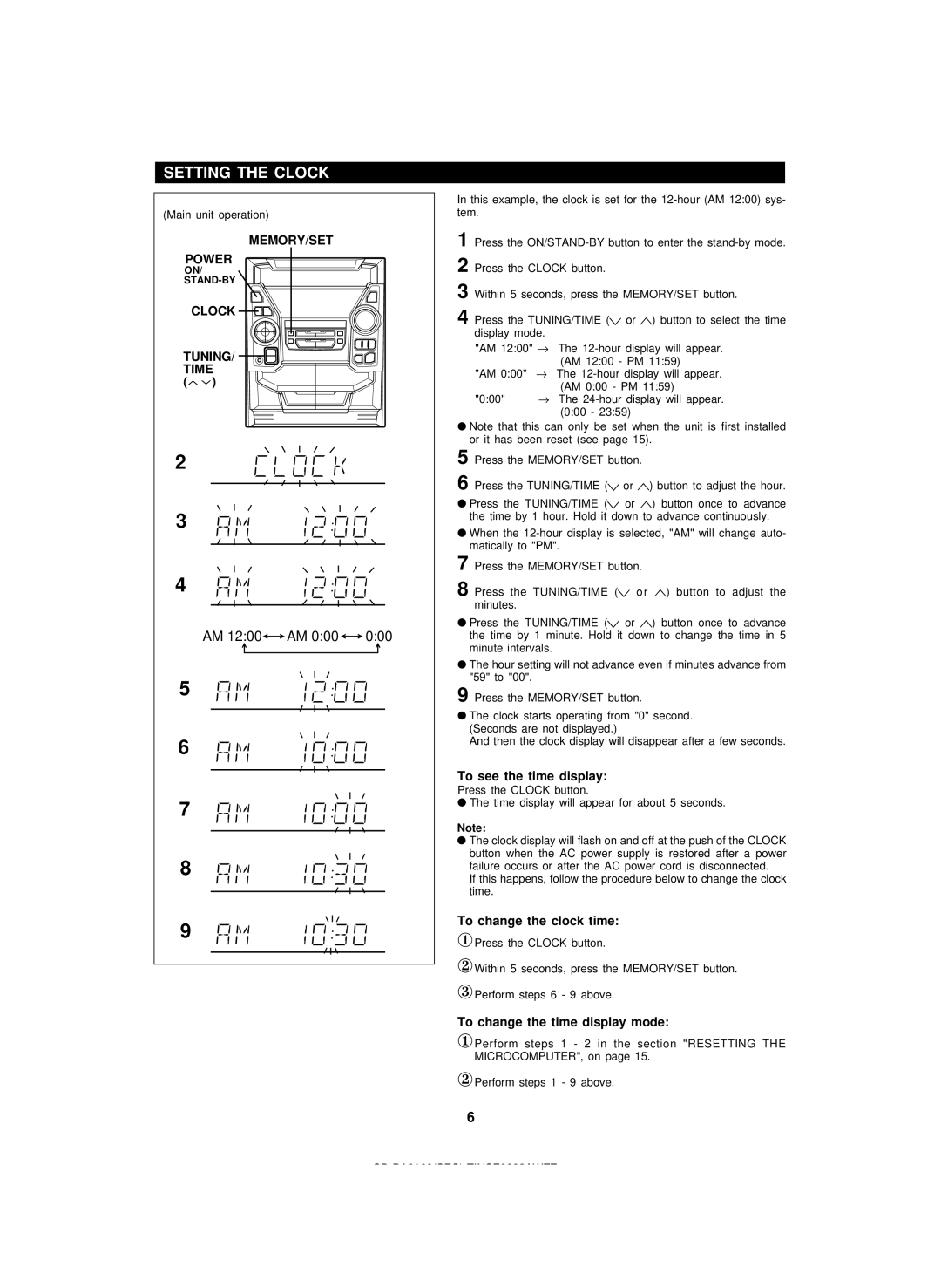 Sharp CD-BA2100 Setting the Clock, To see the time display, To change the clock time, To change the time display mode 