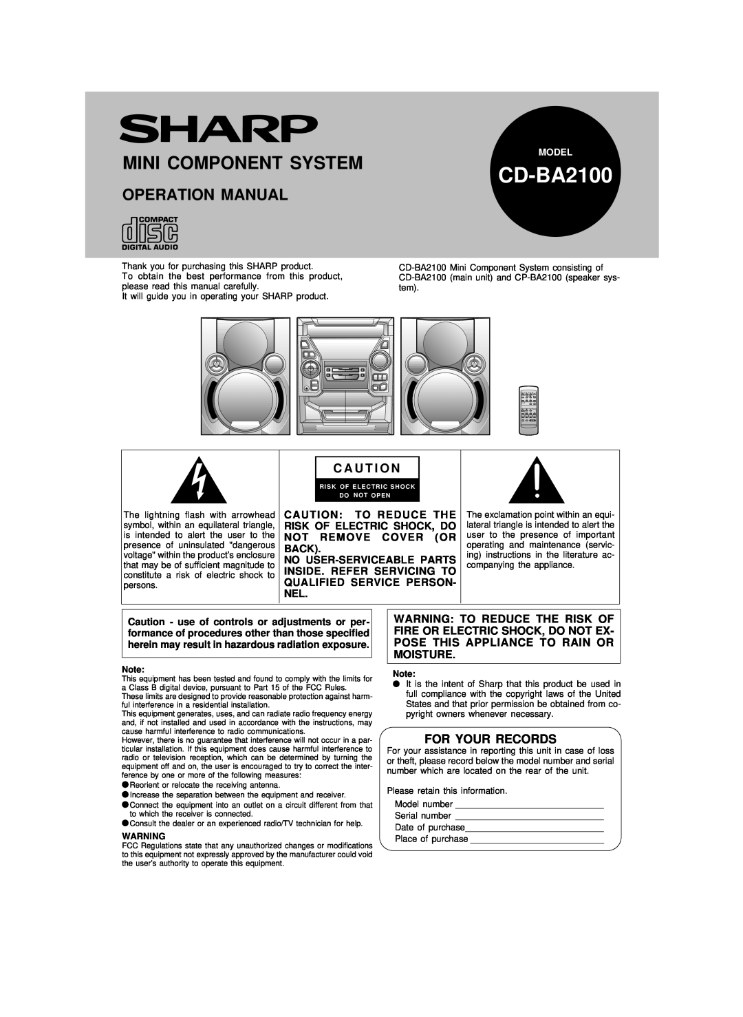 Sharp CD-BA2100 operation manual Mini Component System, C A U T I O N, For Your Records 