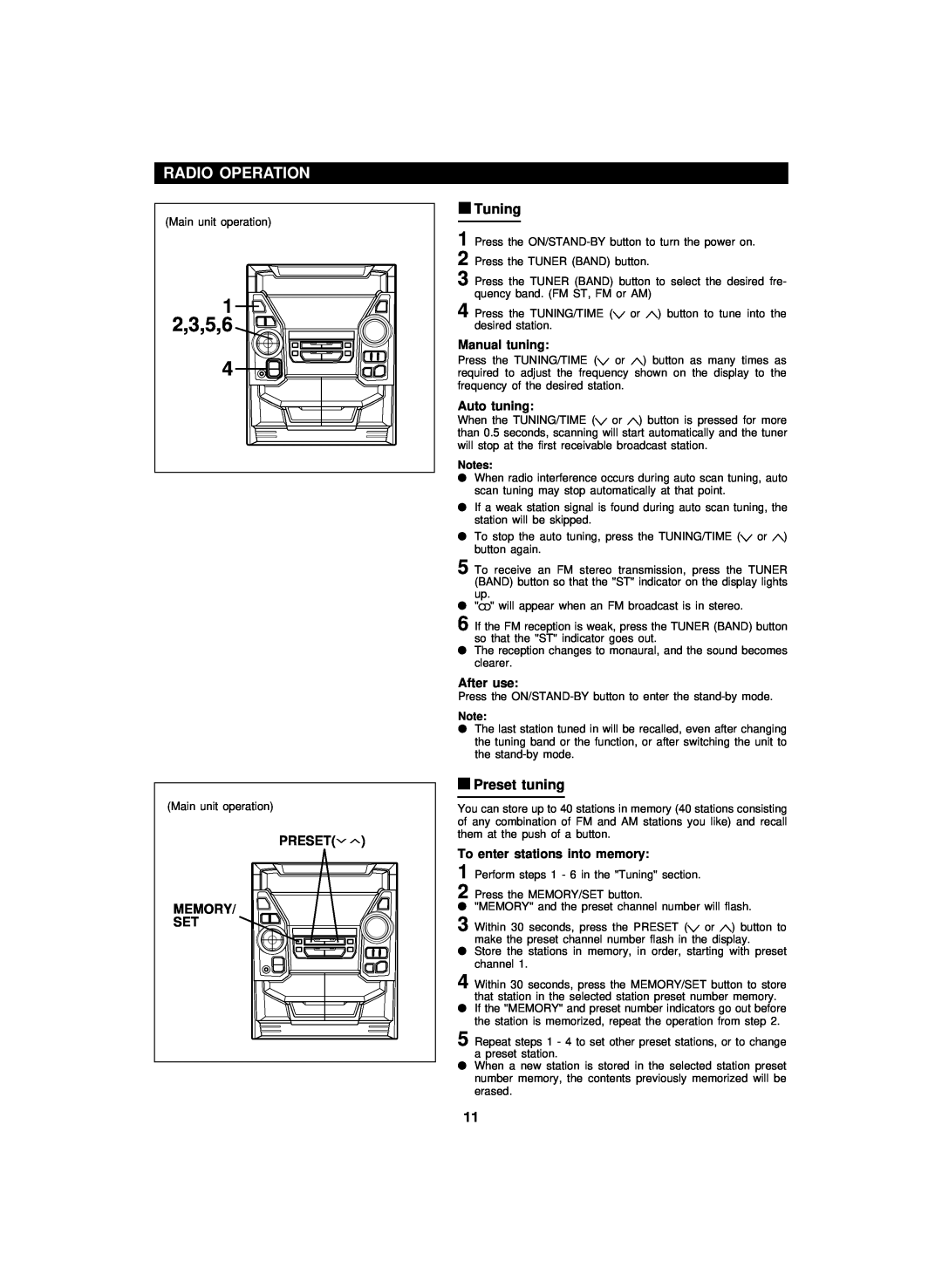 Sharp CD-BA2100 operation manual 1 2,3,5,6, Radio Operation, Preset Memory Set, Manual tuning, Auto tuning, After use 