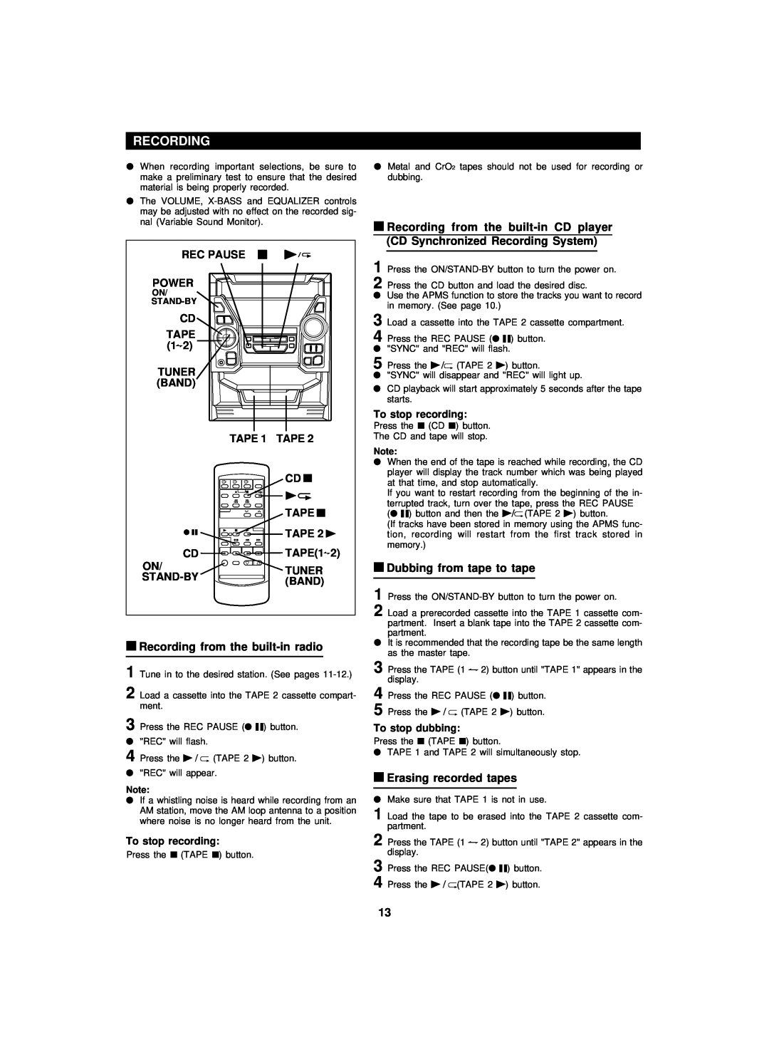 Sharp CD-BA2100 operation manual Recording 
