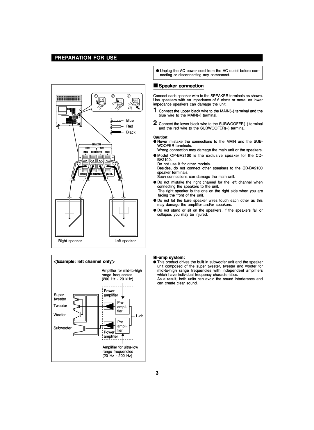 Sharp CD-BA2100 operation manual Preparation For Use, Speaker connection, ZExample left channel onlyY, Bi-ampsystem 