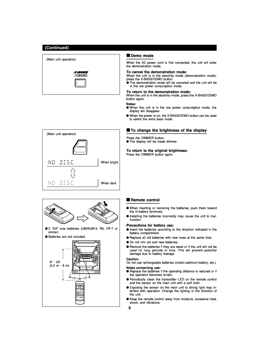 Sharp CD-BA2100 Continued, To cancel the demonstration mode, To return to the demonstration mode, Notes concerning use 