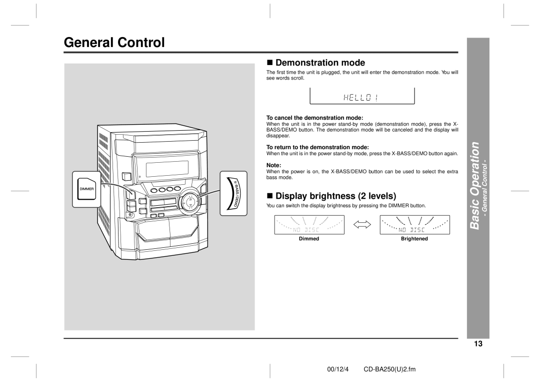 Sharp CD-BA2600, CD-BA250 „ Demonstration mode, „ Display brightness 2 levels, Basic Operation General Control 