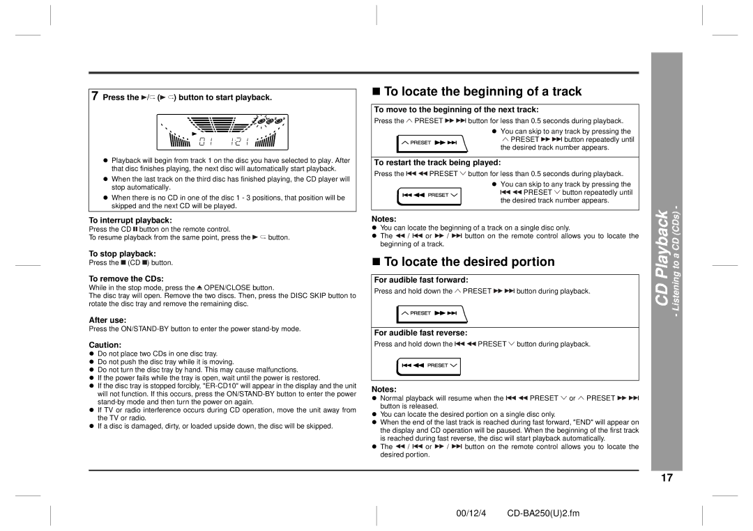 Sharp CD-BA2600, CD-BA250 operation manual „ To locate the beginning of a track, „ To locate the desired portion 