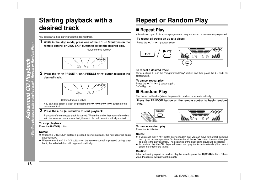 Sharp CD-BA250, CD-BA2600 Starting playback with a desired track, Repeat or Random Play, „ Repeat Play, „ Random Play 