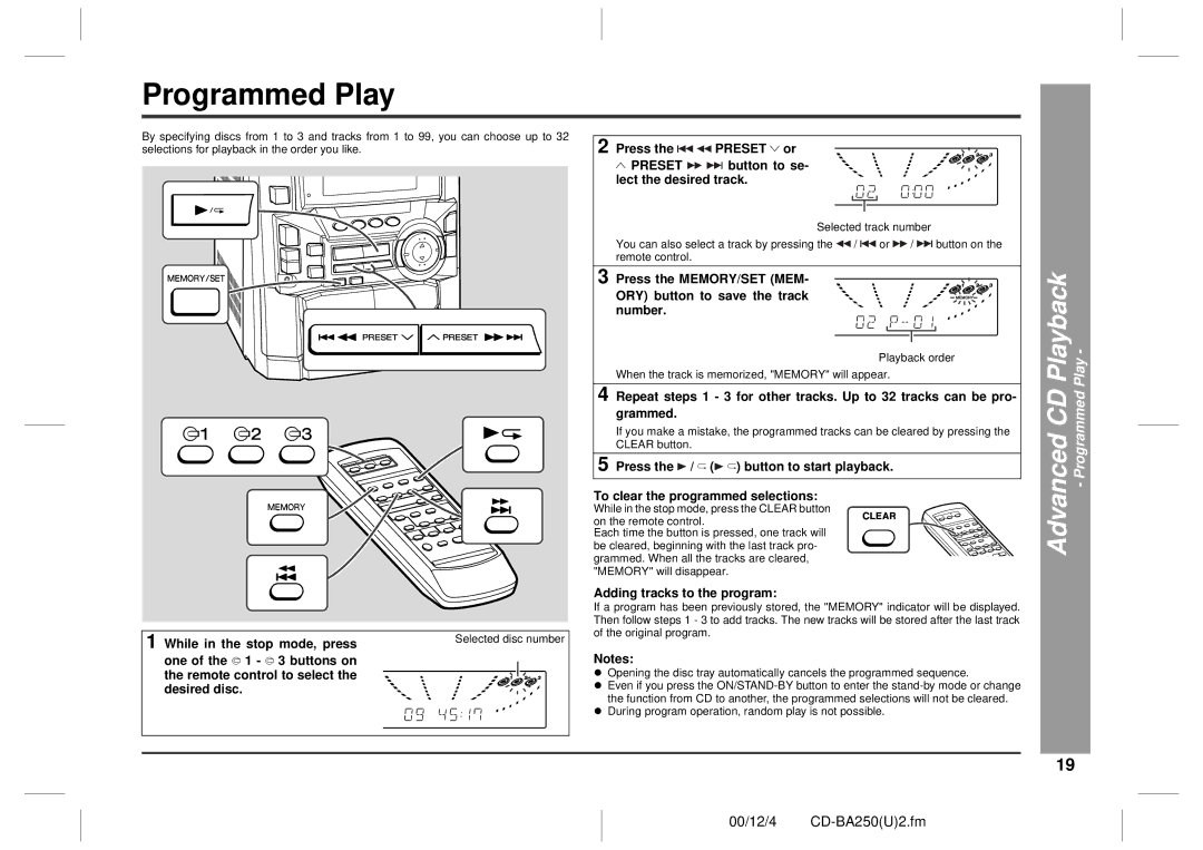 Sharp CD-BA2600, CD-BA250 operation manual Programmed Play, Playback, Advanced CD 