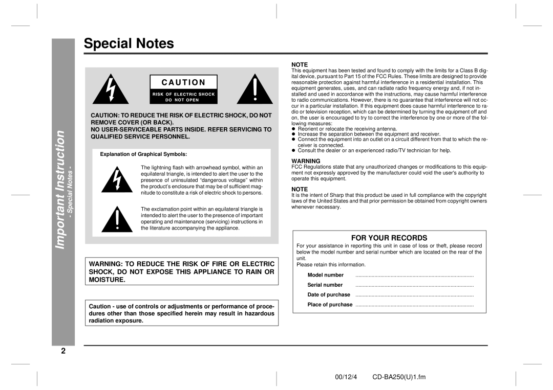 Sharp CD-BA250, CD-BA2600 operation manual Special Notes, Important Instruction, Explanation of Graphical Symbols 