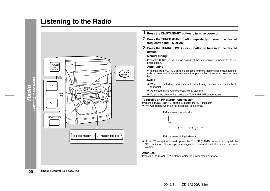 Sharp CD-BA250, CD-BA2600 Radio Listening to the Radio, Auto tuning, To receive an FM stereo transmission 