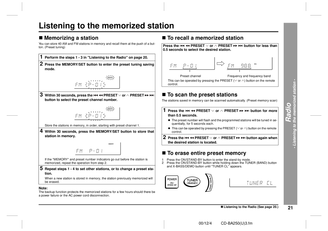 Sharp CD-BA2600, CD-BA250 Listening to the memorized station, „ Memorizing a station, „ To recall a memorized station 