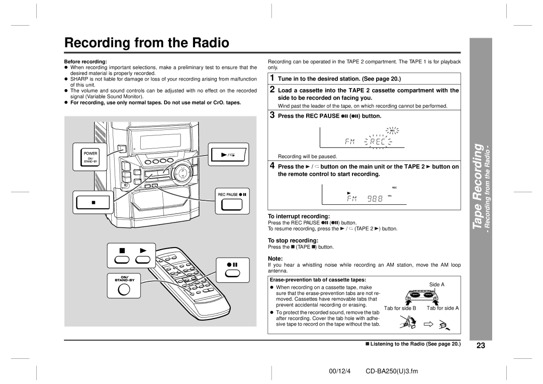 Sharp CD-BA2600, CD-BA250 Tape Recording Recording from the Radio, Press the REC Pause button, To stop recording 