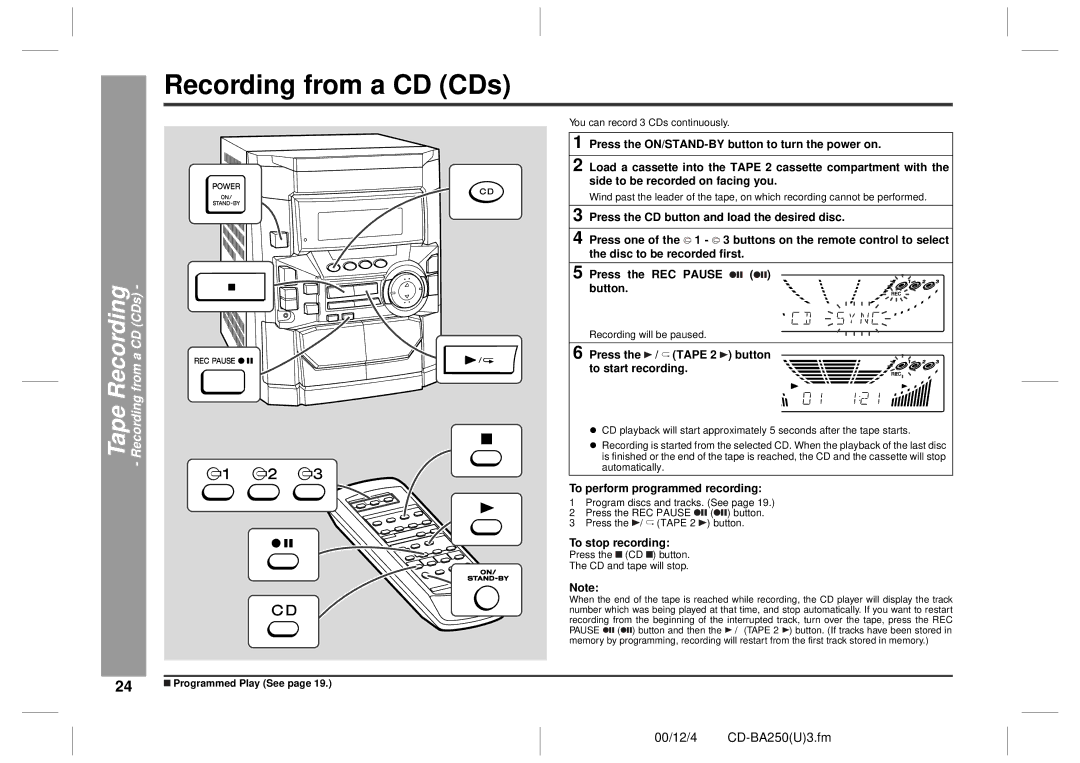 Sharp CD-BA250, CD-BA2600 Tape Recording Recording from a CD CDs, Press the / Tape 2 button to start recording 