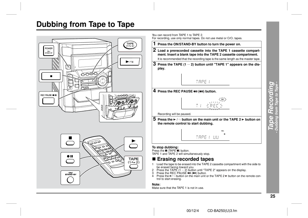 Sharp CD-BA2600, CD-BA250 operation manual Dubbing from Tape to Tape, Recording, „ Erasing recorded tapes 