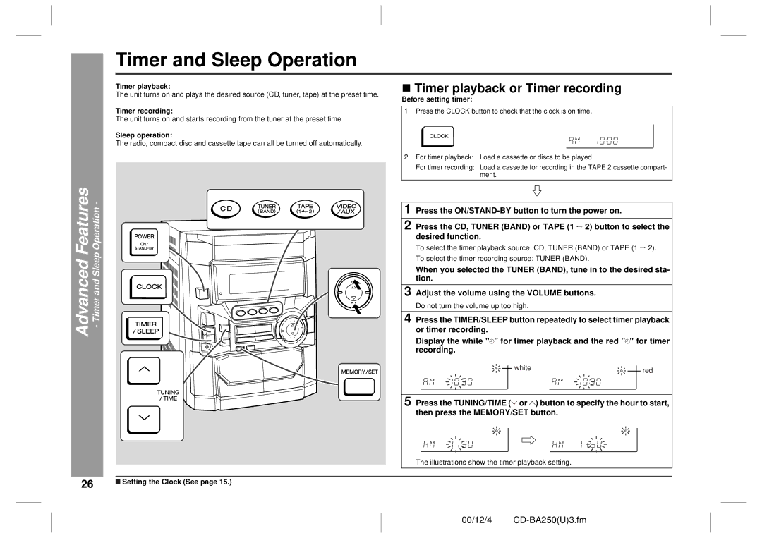 Sharp CD-BA250, CD-BA2600 „ Timer playback or Timer recording, Advanced Features Timer and Sleep Operation 