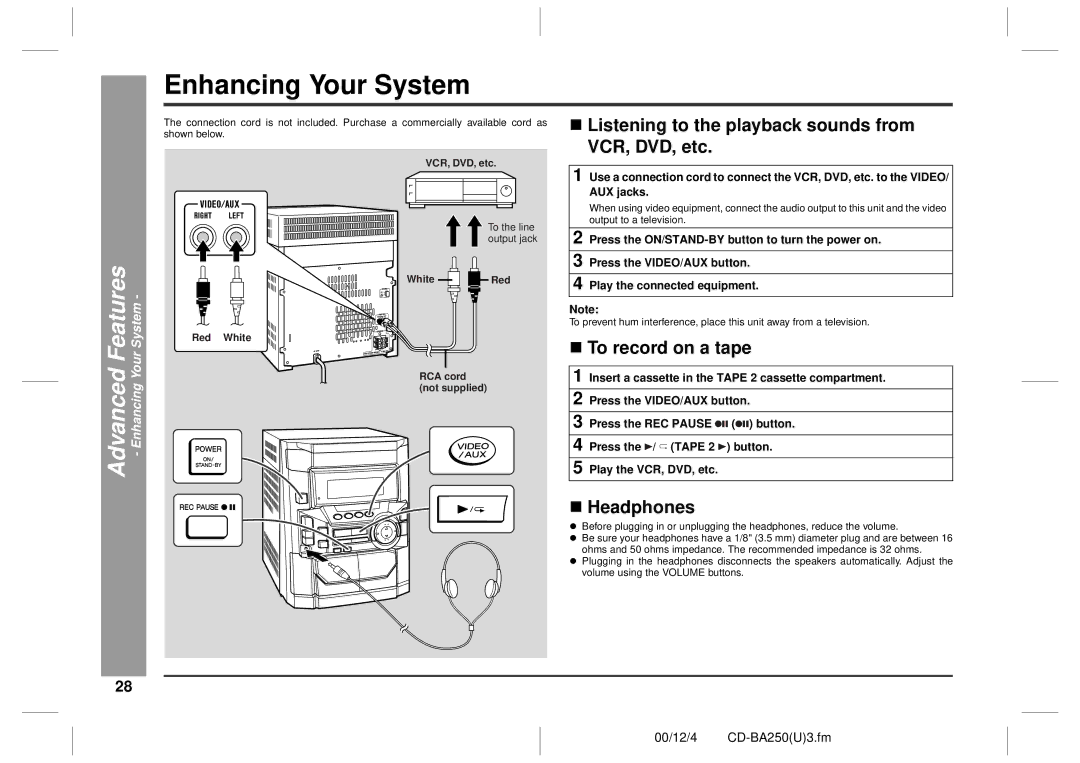 Sharp CD-BA250, CD-BA2600 Enhancing Your System, Advanced Features, „ Listening to the playback sounds from VCR, DVD, etc 