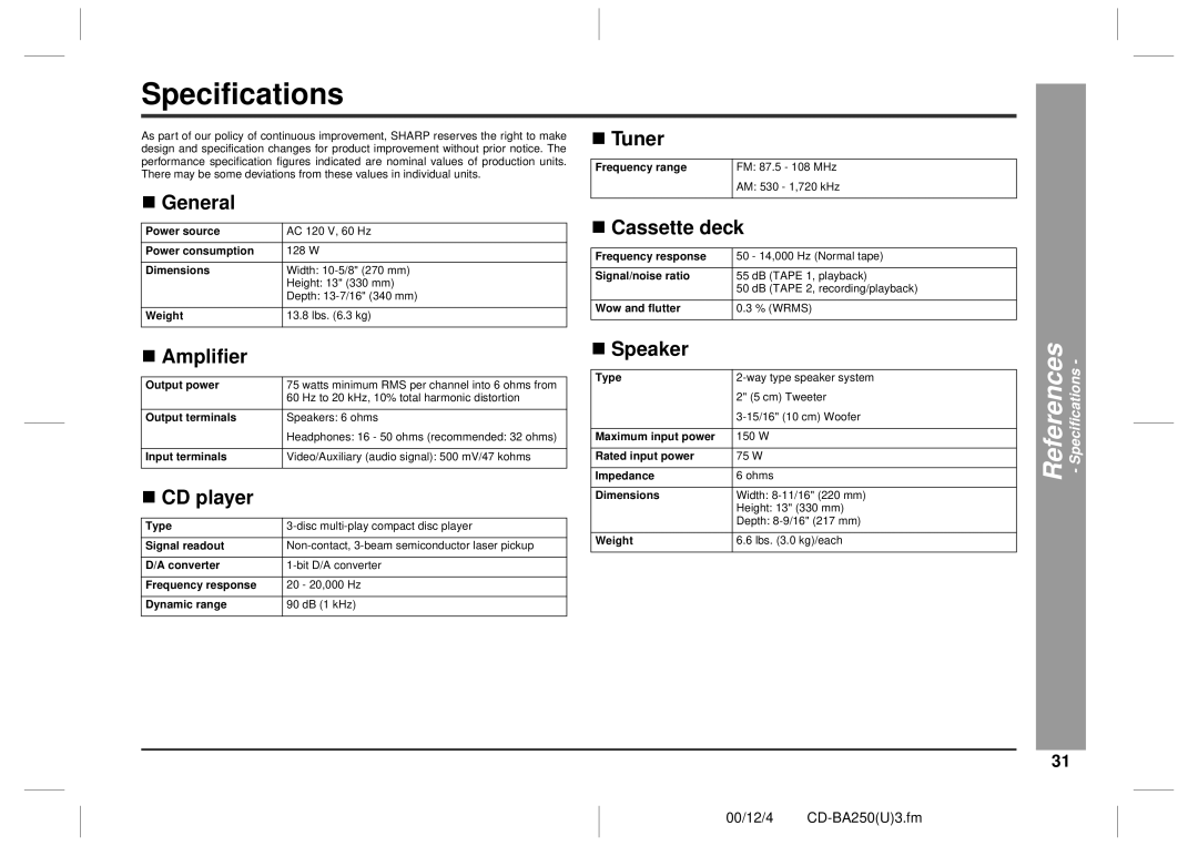 Sharp CD-BA2600, CD-BA250 operation manual Specifications, „ Amplifier, „ Speaker 