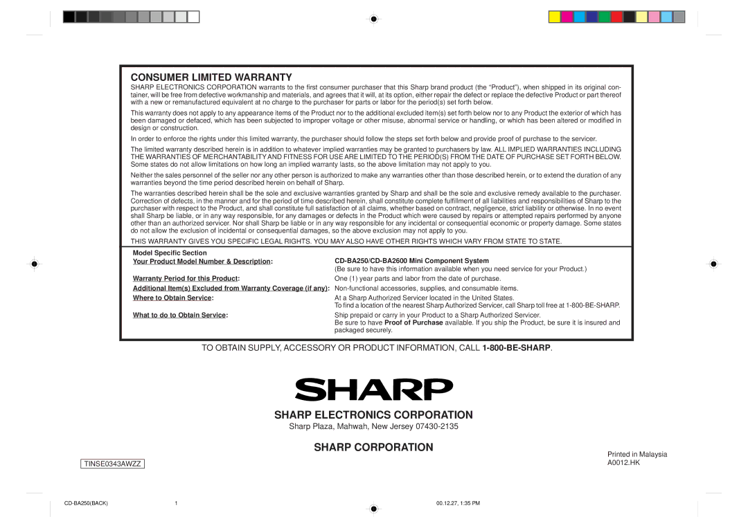 Sharp CD-BA250, CD-BA2600 operation manual Sharp Corporation 