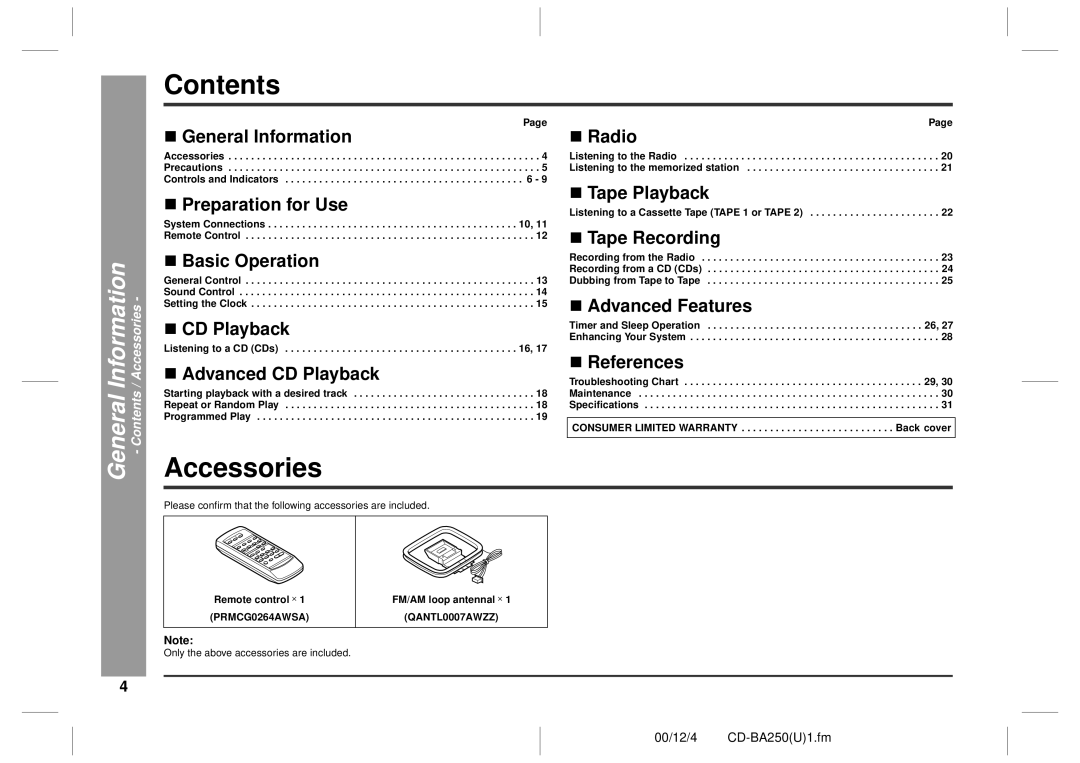 Sharp CD-BA250, CD-BA2600 operation manual Contents, Accessories 