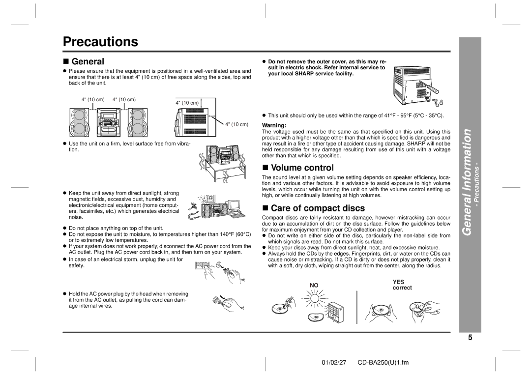 Sharp CD-BA2600, CD-BA250 „ General, „ Volume control, „ Care of compact discs, General Information Precautions 