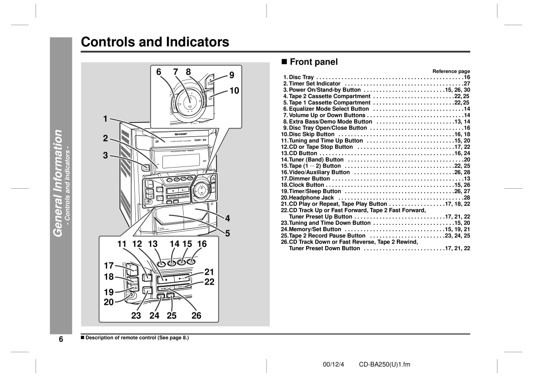 Sharp CD-BA250, CD-BA2600 operation manual Controls and Indicators, General, „ Front panel 