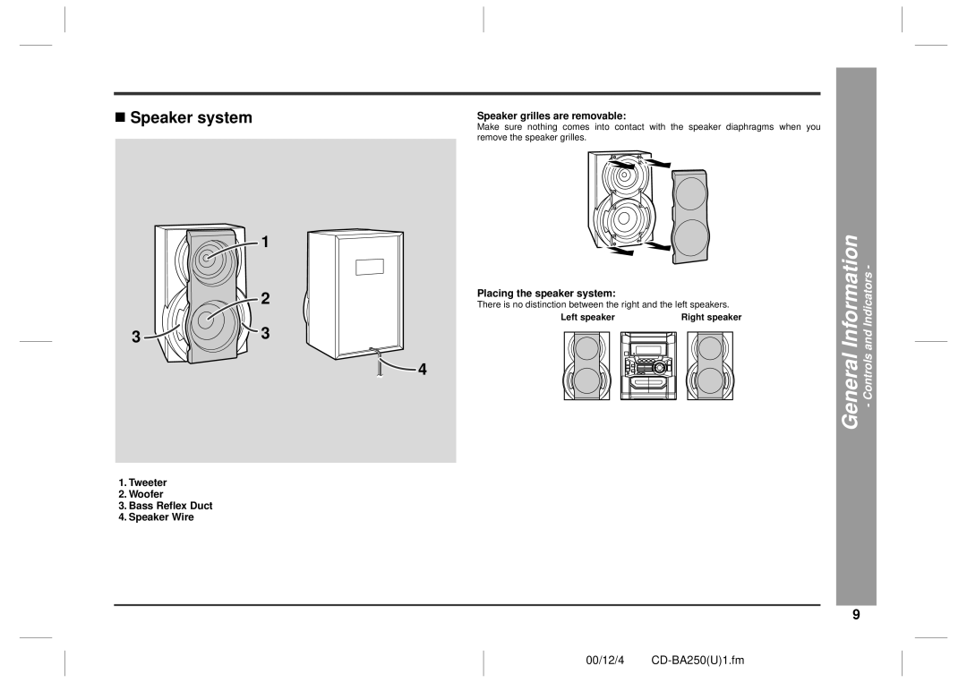 Sharp CD-BA2600, CD-BA250 operation manual „ Speaker system, Placing the speaker system, Left speaker 