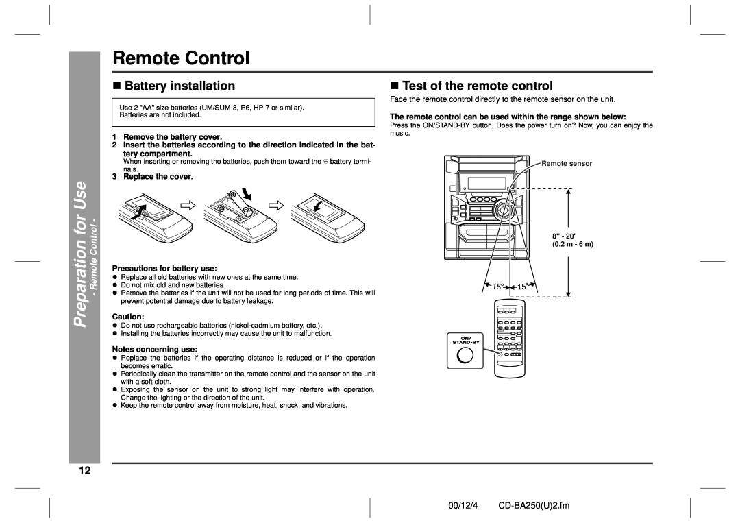 Sharp CD-BA250, CD-BA2600 „Battery installation, „Test of the remote control, Preparation for Use - Remote Control 