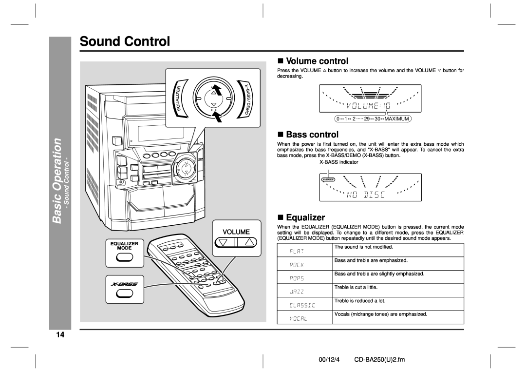Sharp CD-BA2600 „Bass control, „Equalizer, „Volume control, Basic Operation - Sound Control, 00/12/4 CD-BA250U2.fm 