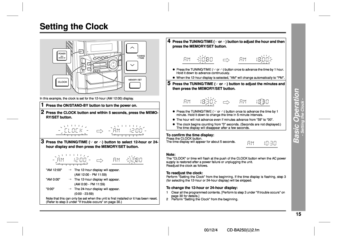 Sharp CD-BA2600 operation manual Basic Operation - Setting the Clock, 00/12/4 CD-BA250U2.fm 