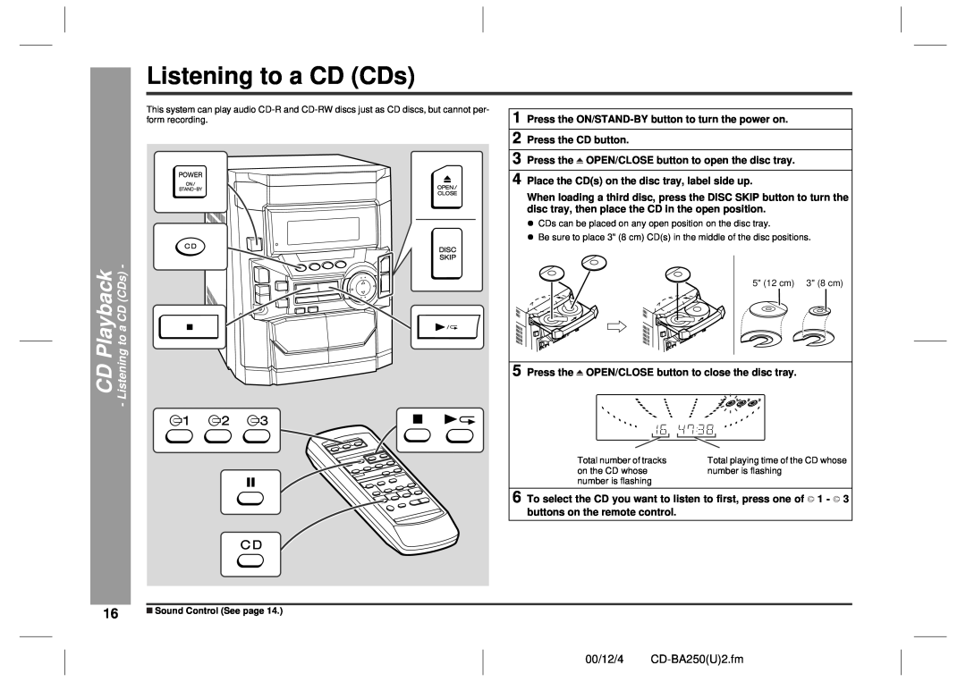 Sharp CD-BA2600 operation manual CD Playback - Listening to a CD CDs, 00/12/4 CD-BA250U2.fm 