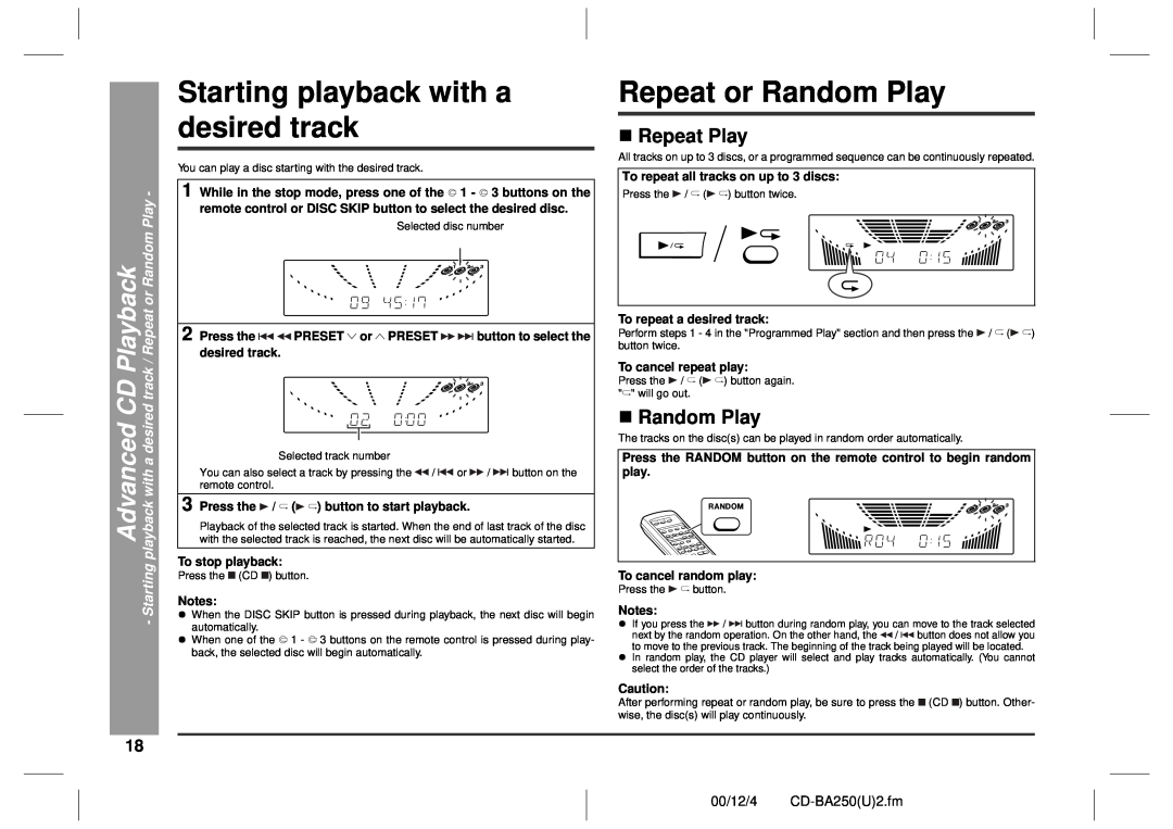 Sharp CD-BA250, CD-BA2600 Starting playback with a desired track, Repeat or Random Play, „Repeat Play, „Random Play 