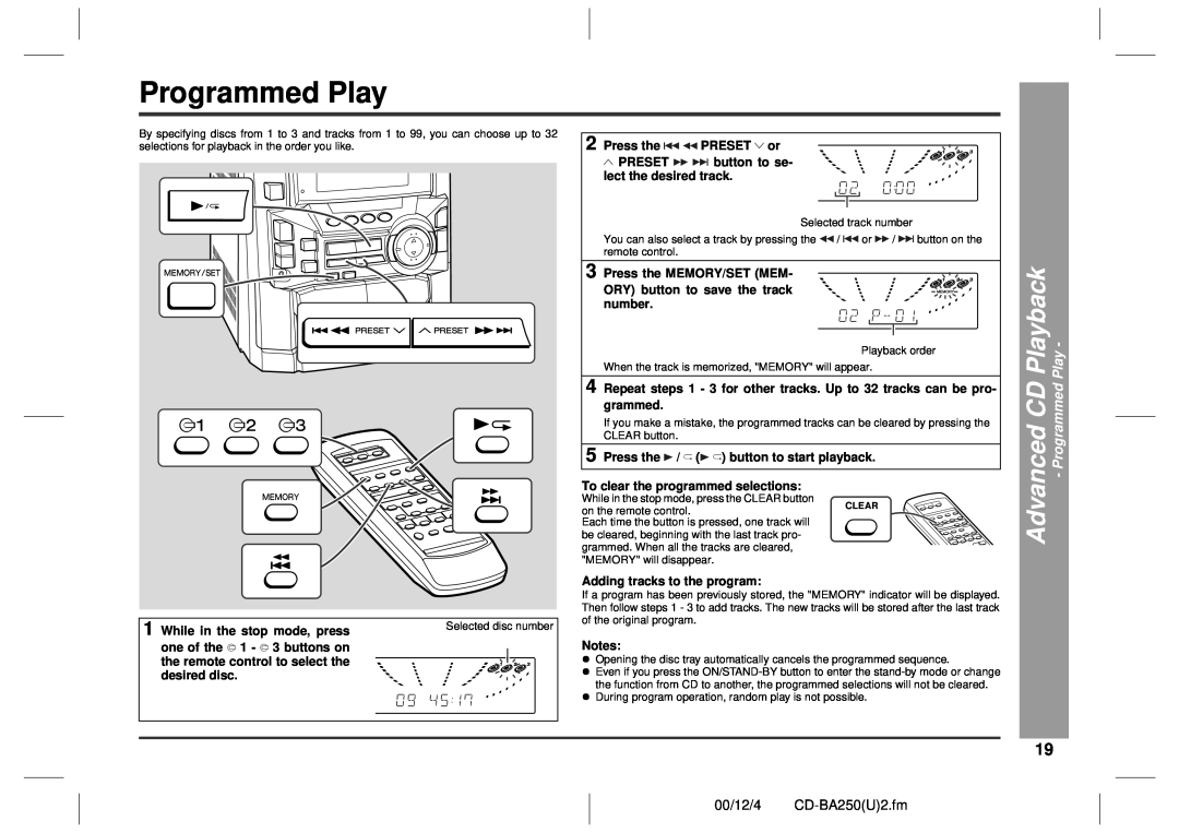 Sharp CD-BA2600 operation manual Programmed Play, Playback, Advanced CD, 00/12/4 CD-BA250U2.fm 