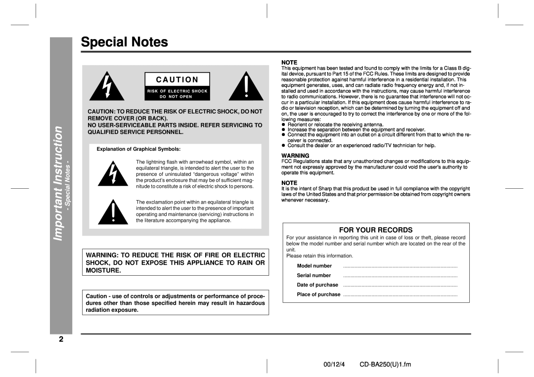 Sharp CD-BA2600 operation manual Special Notes, Important Instruction, For Your Records, 00/12/4 CD-BA250U1.fm 
