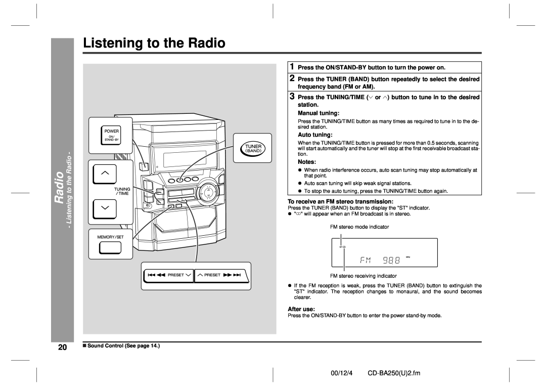 Sharp CD-BA2600 operation manual Radio - Listening to the Radio, 00/12/4 CD-BA250U2.fm 