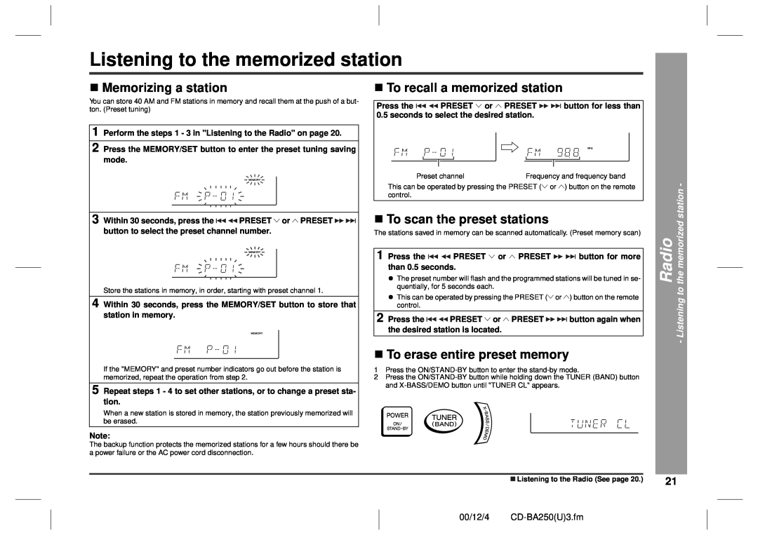 Sharp CD-BA2600, CD-BA250 Listening to the memorized station, „Memorizing a station, „To recall a memorized station 