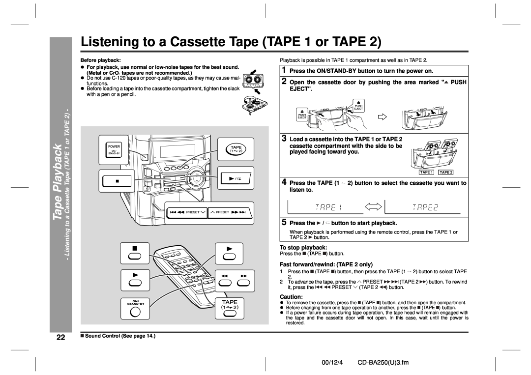 Sharp Listening to a Cassette Tape TAPE 1 or TAPE, 00/12/4 CD-BA250U3.fm, Load a cassette into the TAPE 1 or TAPE 
