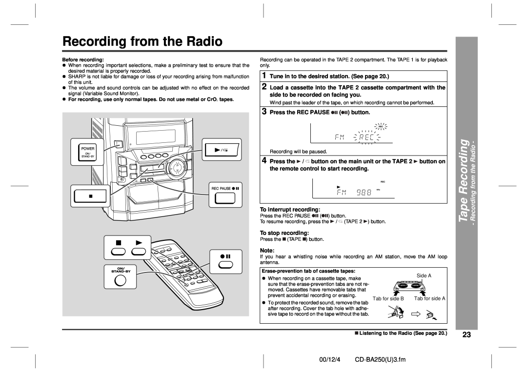 Sharp CD-BA2600 operation manual Tape Recording - Recording from the Radio, 00/12/4 CD-BA250U3.fm 