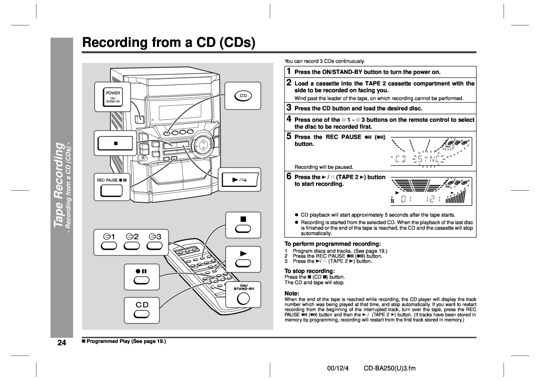 Sharp CD-BA2600 operation manual Tape Recording - Recording from a CD CDs, 00/12/4 CD-BA250U3.fm 
