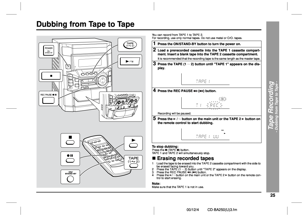 Sharp CD-BA2600 operation manual Dubbing from Tape to Tape, Recording, „ Erasing recorded tapes, 00/12/4 CD-BA250U3.fm 