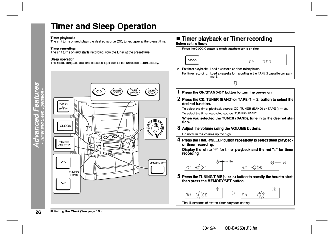 Sharp CD-BA2600 operation manual Timer and Sleep Operation, „Timer playback or Timer recording, 00/12/4 CD-BA250U3.fm 