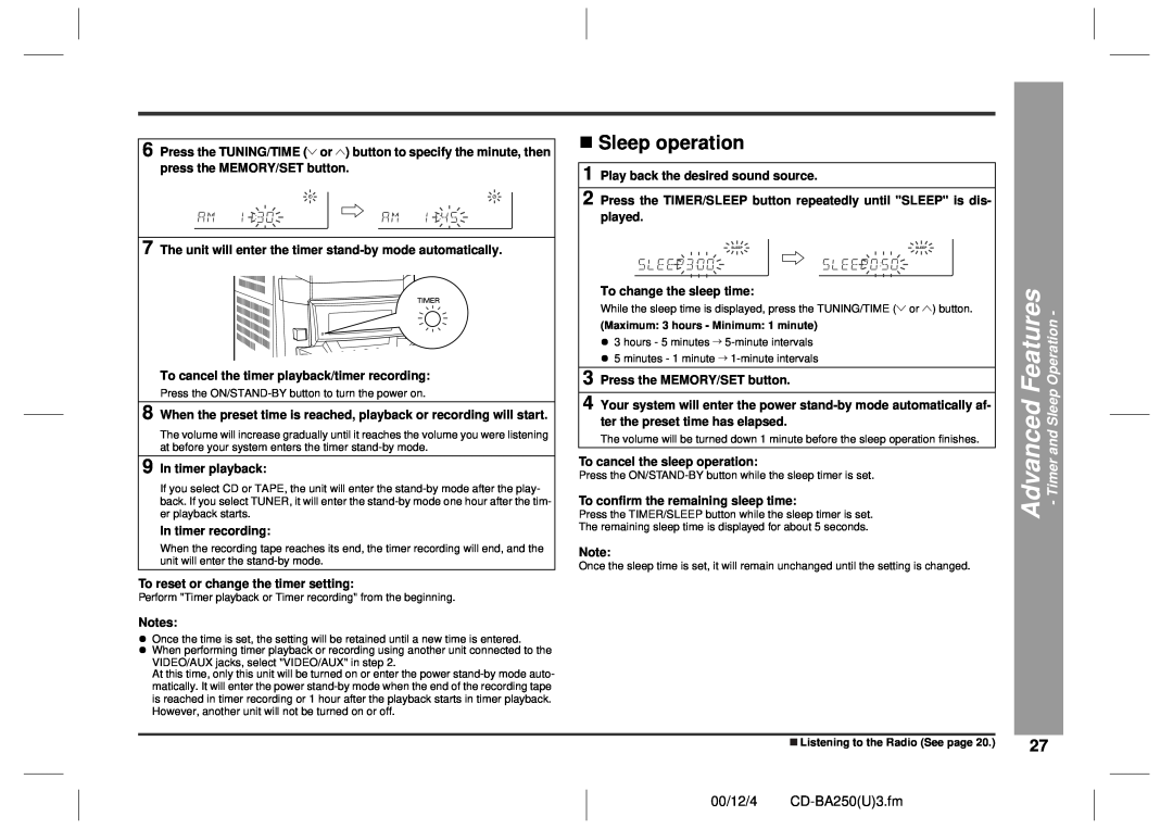 Sharp CD-BA2600 operation manual „Sleep operation, Advanced Features - Timer and Sleep Operation, 00/12/4 CD-BA250U3.fm 