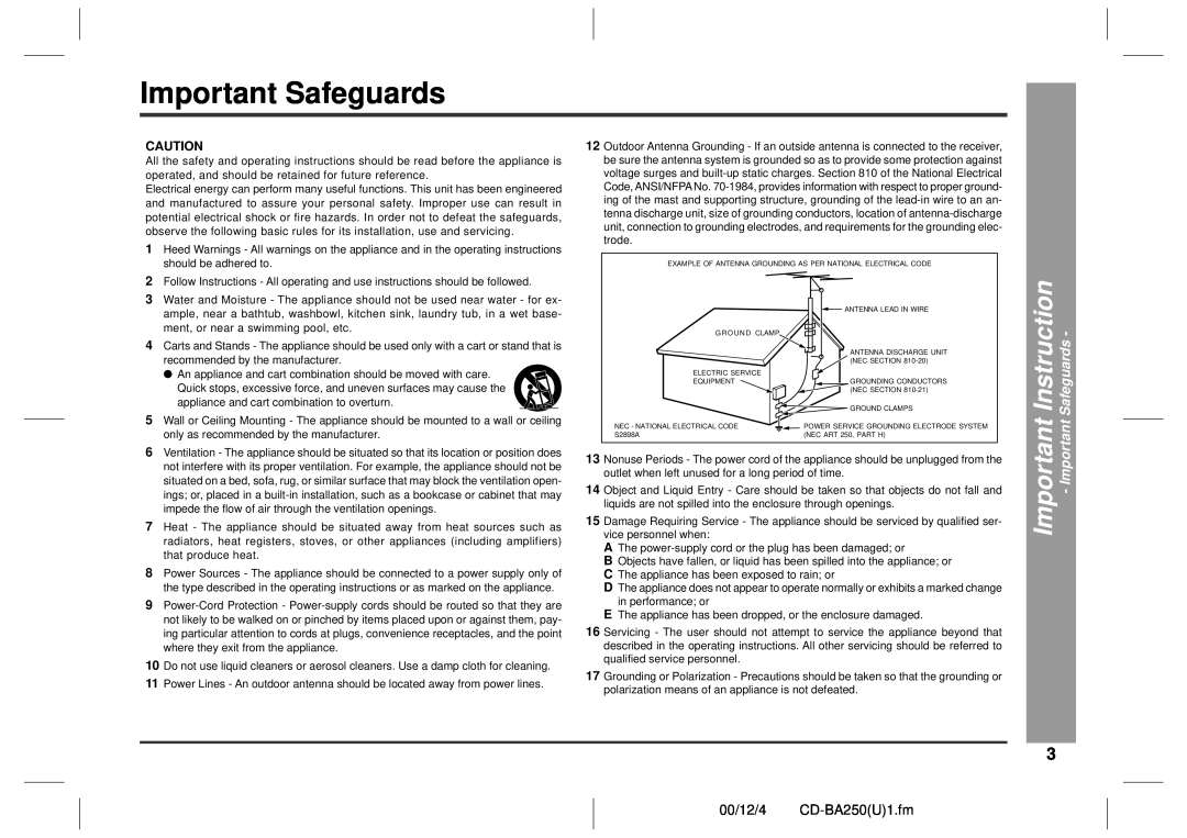 Sharp CD-BA2600 operation manual Important Safeguards, Instruction, 00/12/4 CD-BA250U1.fm 