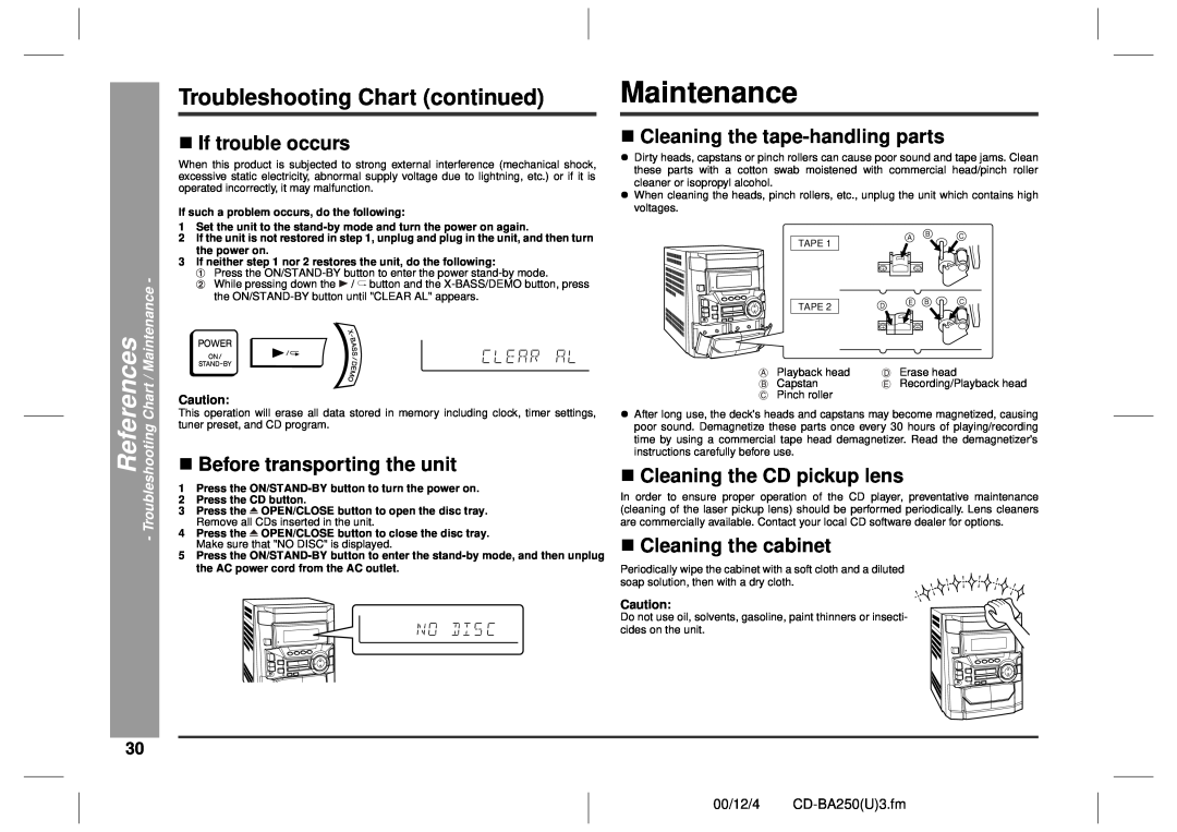 Sharp CD-BA250 Maintenance, References, Troubleshooting Chart continued, „If trouble occurs, „Before transporting the unit 