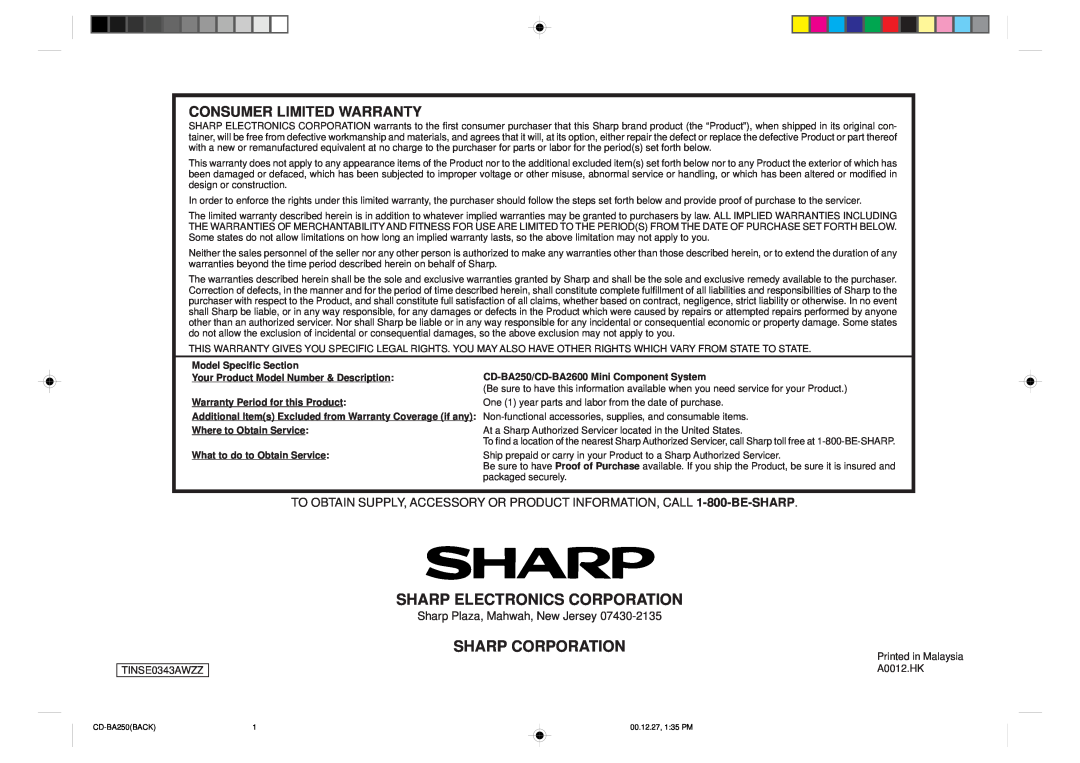 Sharp CD-BA250 Sharp Electronics Corporation, Consumer Limited Warranty, Sharp Corporation, Model Specific Section 