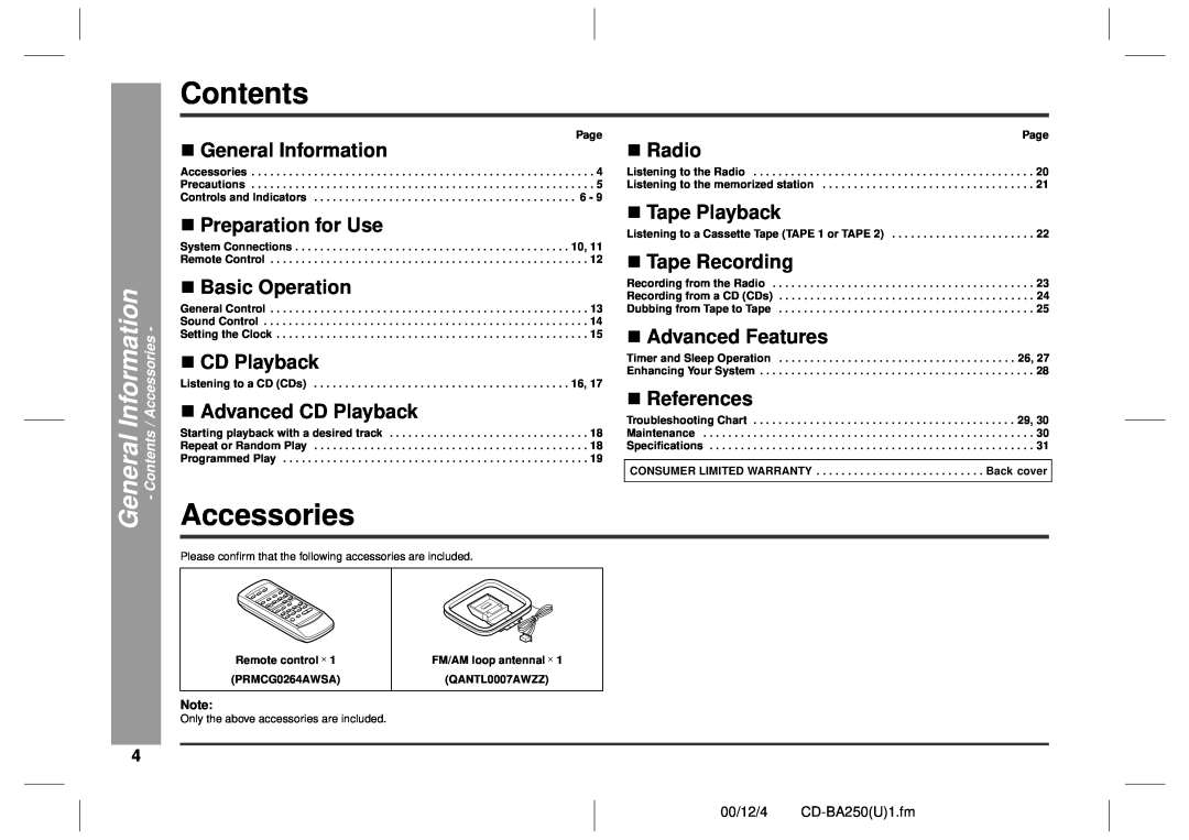 Sharp CD-BA250 Contents, Accessories, „General Information, „Preparation for Use, „Basic Operation, „CD Playback 