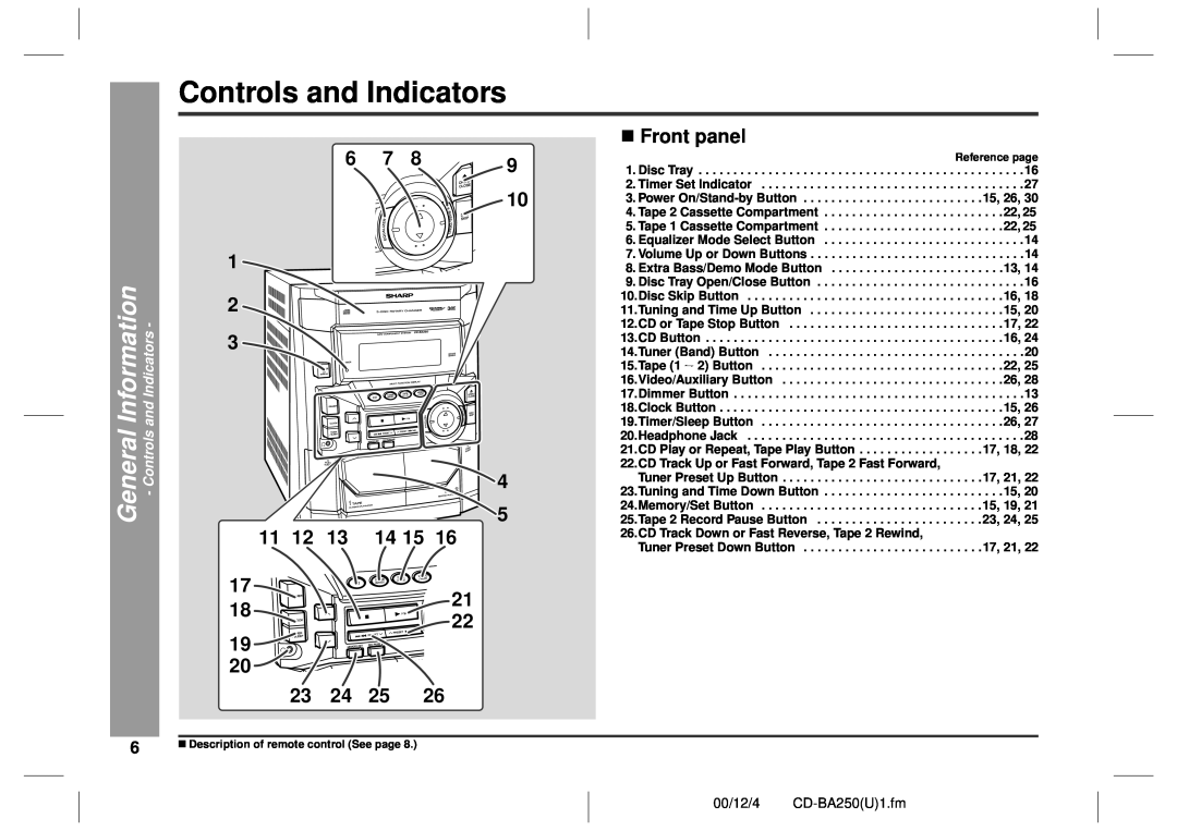 Sharp CD-BA250, CD-BA2600 operation manual Controls and Indicators, General, „ Front panel, Information 