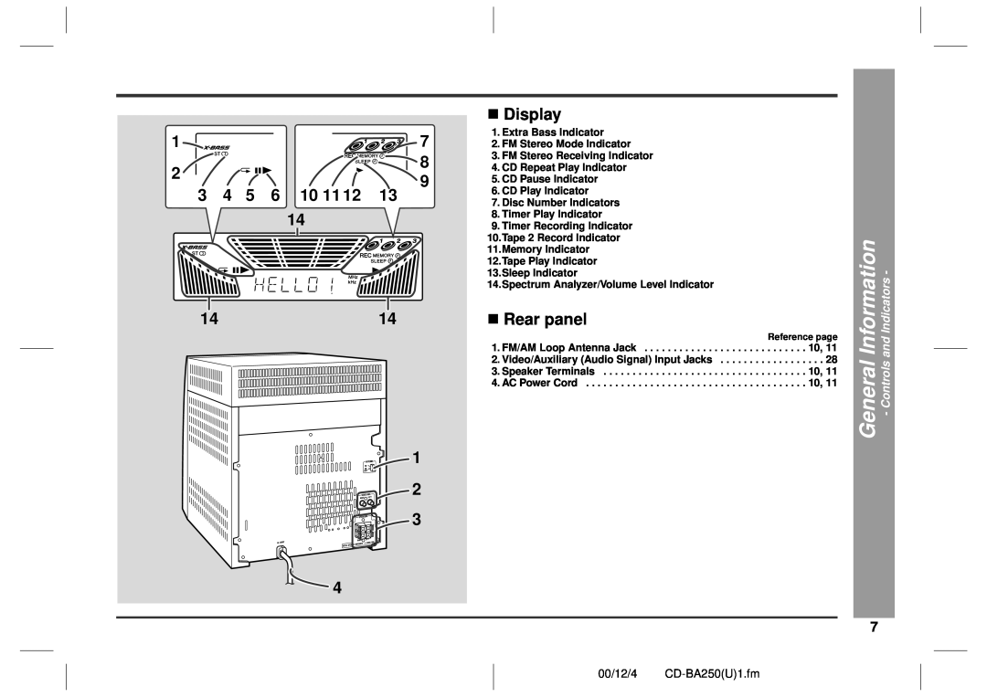 Sharp CD-BA2600, CD-BA250 operation manual 14 1414 1, „Display, „Rear panel, Information, General 