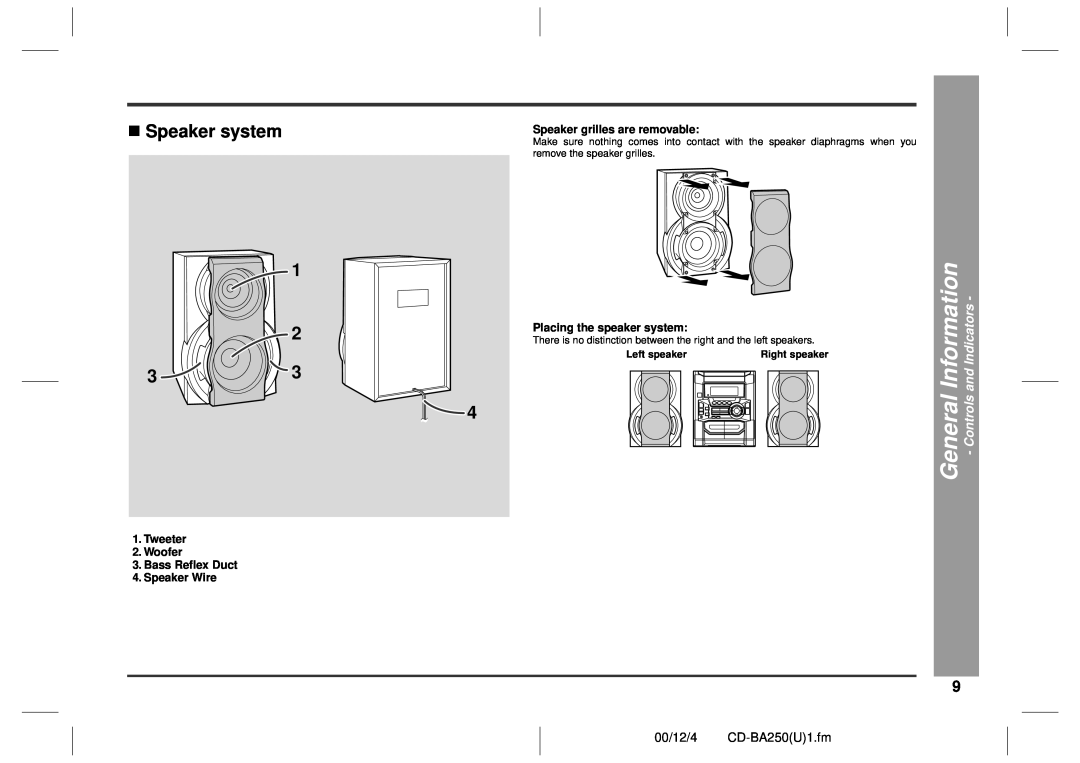 Sharp CD-BA2600 operation manual „Speaker system, Information, General, and Indicators, Controls, 00/12/4 CD-BA250U1.fm 