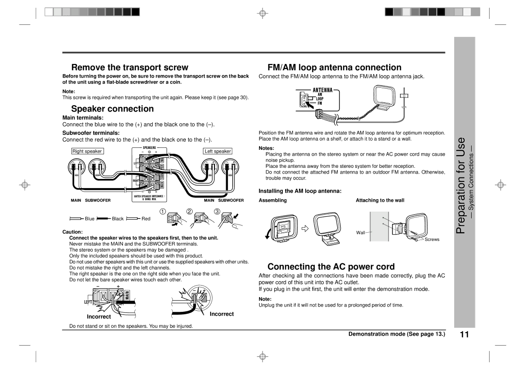 Sharp CD-CH1500 operation manual Remove the transport screw, Speaker connection, FM/AM loop antenna connection 