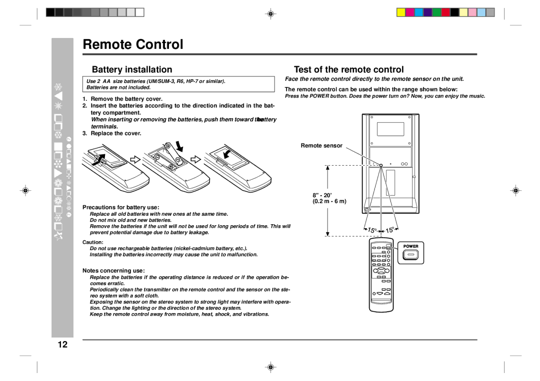 Sharp CD-CH1500 operation manual Remote Control, Battery installation, Test of the remote control 