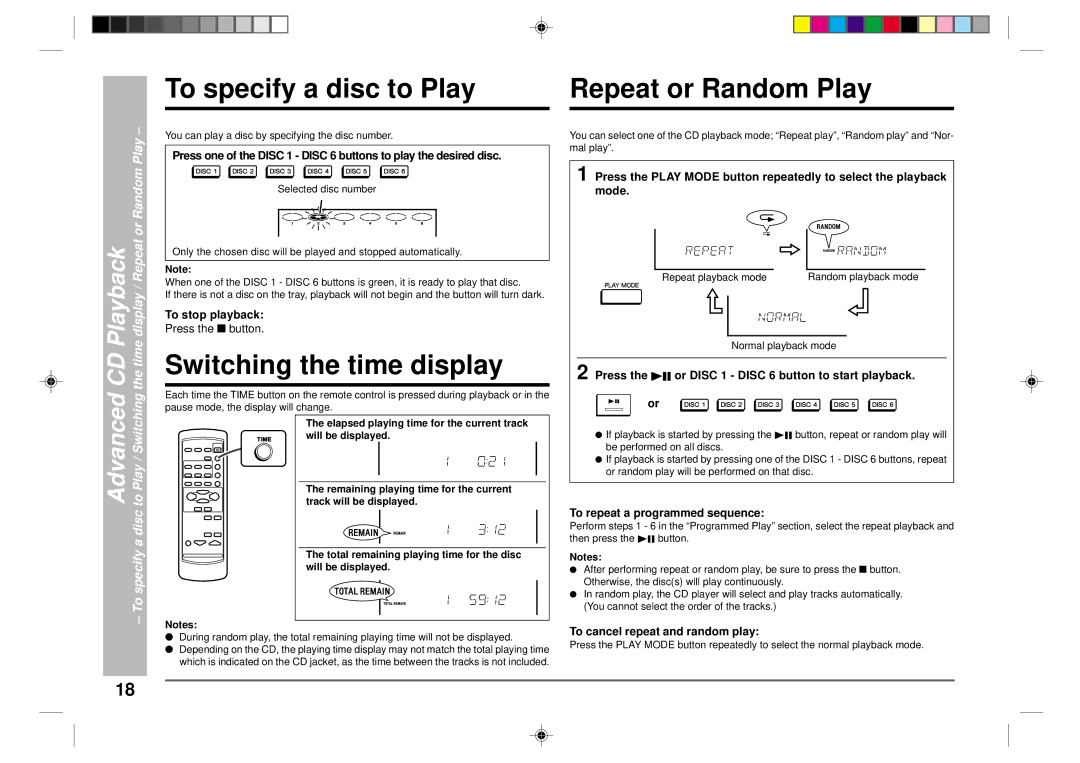 Sharp CD-CH1500 To specify a disc to Play, Switching the time display, Repeat or Random Play, Advanced CD Playback 