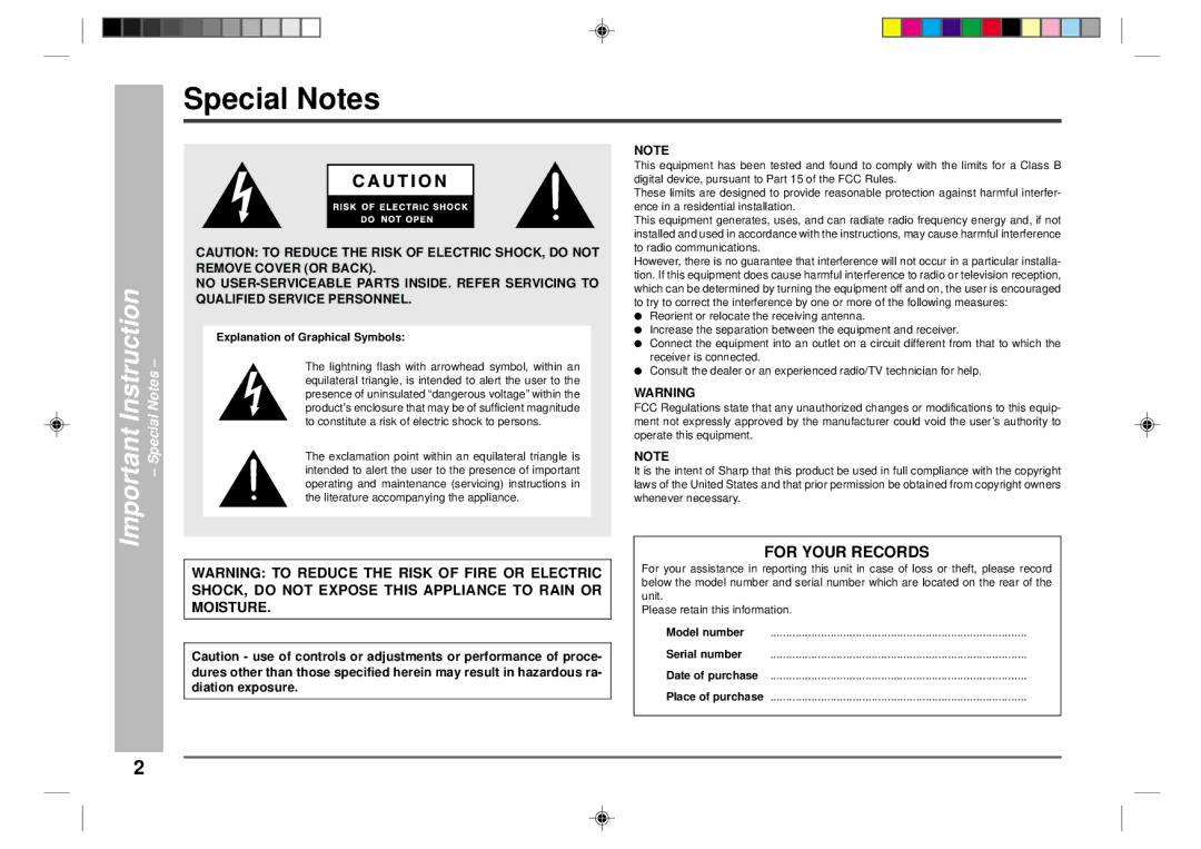 Sharp CD-CH1500 operation manual Special Notes, Important Instruction, Explanation of Graphical Symbols 